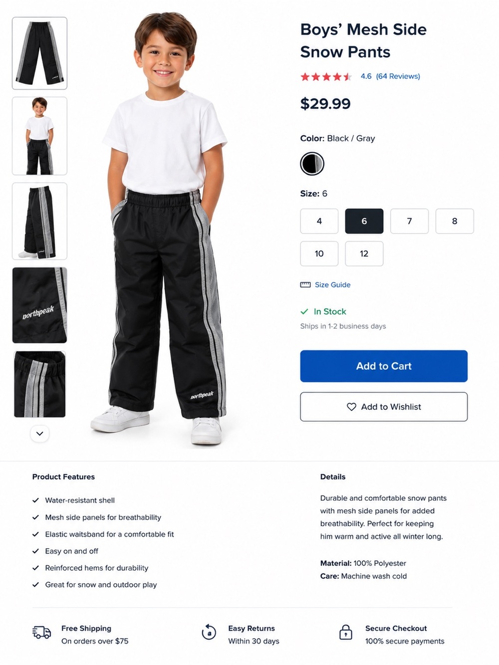 Boys' Black/Gray Snow Jogger Pants with Mesh Side Panels